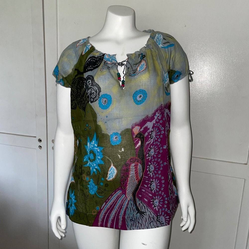 Jasmine Womens Medium Cotton Peacock Print Boho Peasant Blouse Green Magenta New